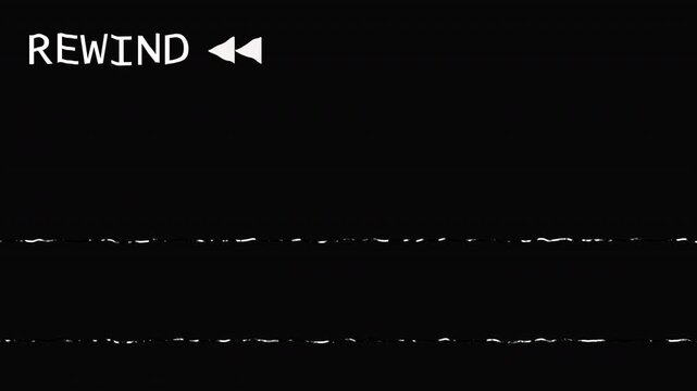 VHS tape rewind big arrows icon symbol middle of the screen effect on 4k Black Screen Film overlay.
