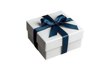 Obraz premium White gift box with navy blue ribbon and gold trim, symbolizing celebration, birthday, and special occasion surprise