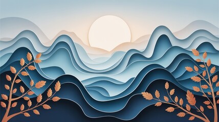 Layered paper landscape background with sun, abstract mountains and botanical leave
