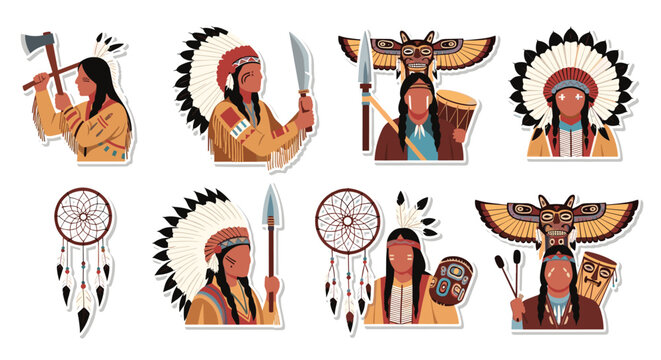 Collection of diverse Native American character stickers wearing traditional headdresses and carrying tools.