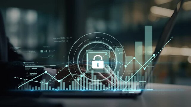 Businessman working on laptop with glowing lock icon and upward graph, illustrating cybersecurity, business growth and data-driven performance in a modern office.
