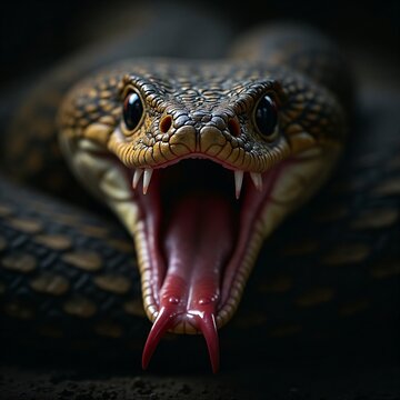 The image is a high quality illustration of a king cobra (Ophiophagus hannah), the longest venomous snake in the world