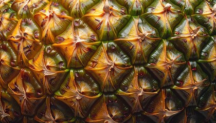 Fototapeta premium A macro close-up reveals the detailed texture and exotic pattern of ripe yellow pineapple skin, showcasing a fresh tropical fruit full of juicy vitamin-rich health