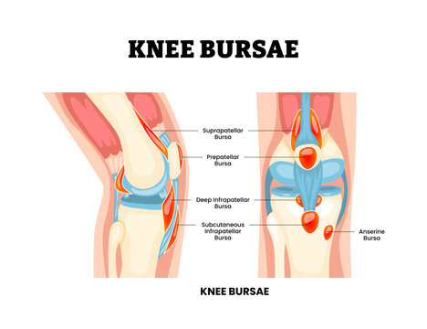 Hemarthrosis joint knee disease. Labeled blood filled joint space. Hemarthrosis vascular rupture bleeding accumulation. Synovial joint anatomy. Frontal view of human knee joint. Vector illustration.