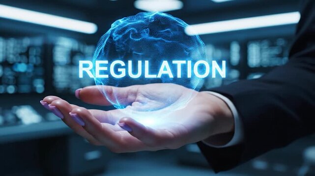 A person's hand holds a glowing digital sphere displaying the word regulation in a futuristic environment