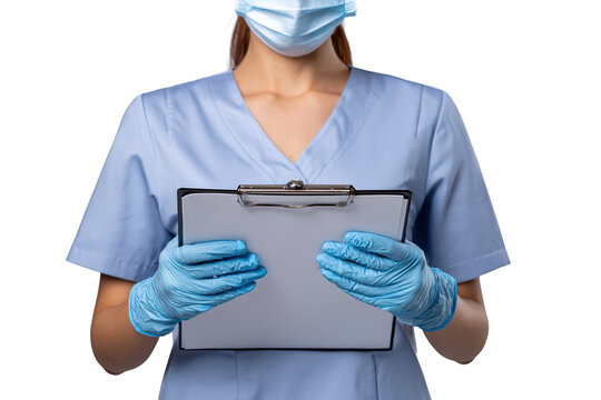 Nurse writing on clipboard medical record