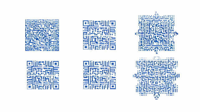 Six stylized blue QR code patterns of varying complexity are arranged on white