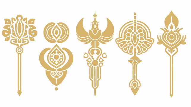 Five golden ornate scepters on a white background