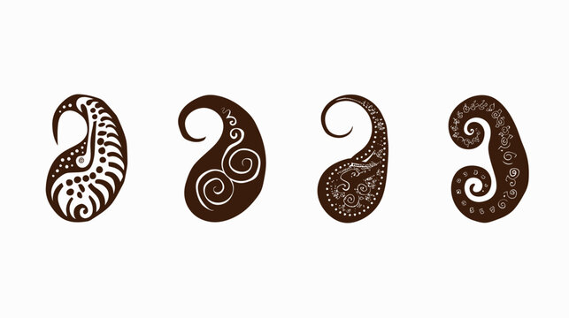 Four brown paisley shapes with different patterns isolated on a white background