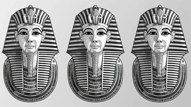 Three grayscale pharaoh busts, striped headdresses, central cobra, detailed necklace