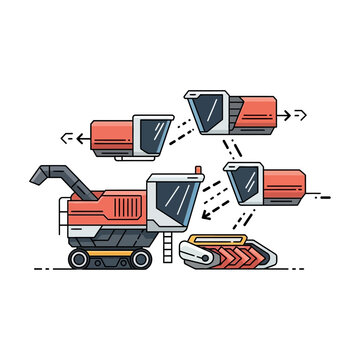 Modular combine harvester assembly and disassembly illustration with interchangeable parts.