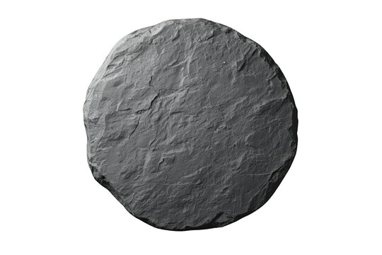 Round slate plate displaying rough dark grey texture, stone serving board for food or product presentation on transparent background