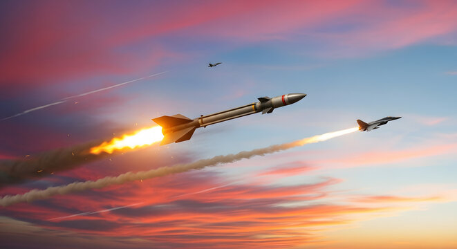 A missile streaks across a vibrant sunset sky, leaving a fiery trail, while fighter jets fly in formation, engaged in aerial combat.
