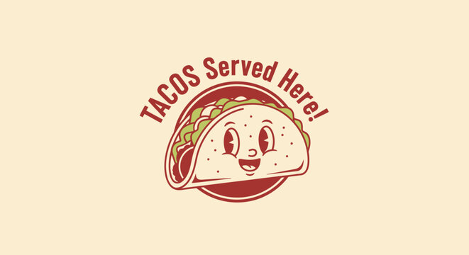 Cute cartoon taco character with a smiling face and delicious filling.