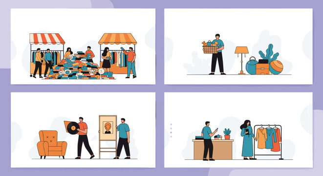 Set of illustrations showing people buying and selling second-hand clothes and items at a garage sale or local flea market.