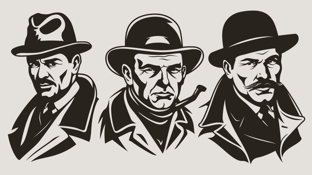 Three men wearing hats and overcoats, rendered in stark black and white illustration style