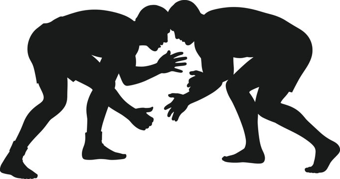 Silhouette of two professional wrestlers in a grappling stance preparing for a match isolated on a white background for sports competition and combat training.