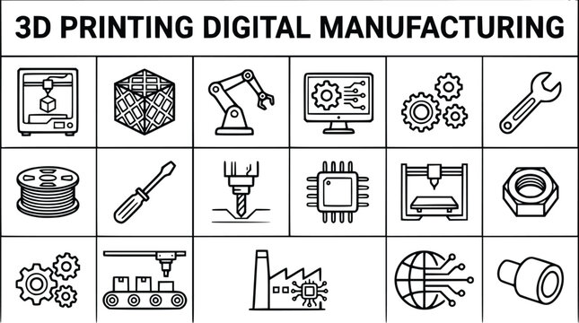 3D printing digital manufacturing icon set, industrial additive manufacturing vector elements, smart factory and robotic engineering symbols