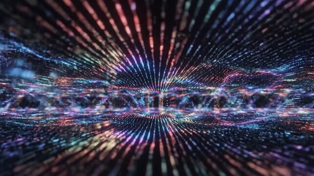 Abstract digital landscape with glowing particles and flowing energy waves in a futuristic network