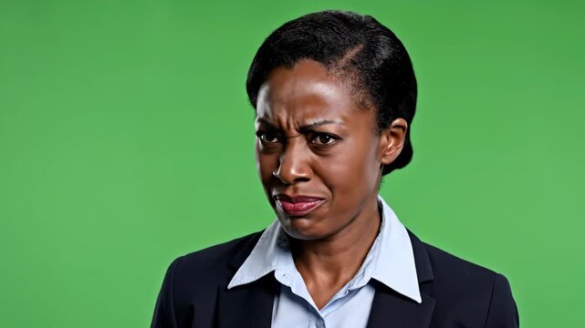 Confused woman expressing frustration against green background