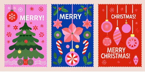 Three colorful christmas banners with ornaments trees and festive greetings © Lalin