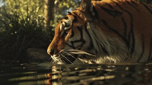 Close up tiger drinking water in jungle river with reflection