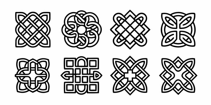 Eight interwoven celtic knot designs on a white background