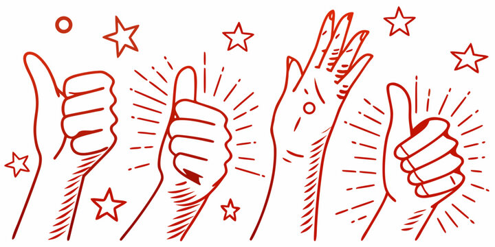 Red doodle of multiple hands displaying various hand gestures and stars