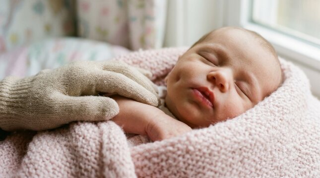 Sweet Newborn Baby Sleeping Peacefully Wrapped in Soft Pink Blanket with Tiny Dimples