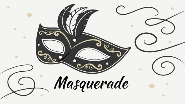 Decorative masquerade mask with swirls and elegant typography. Luxury carnival illustration perfect for party invitations, Venice mask themes, and event branding design.