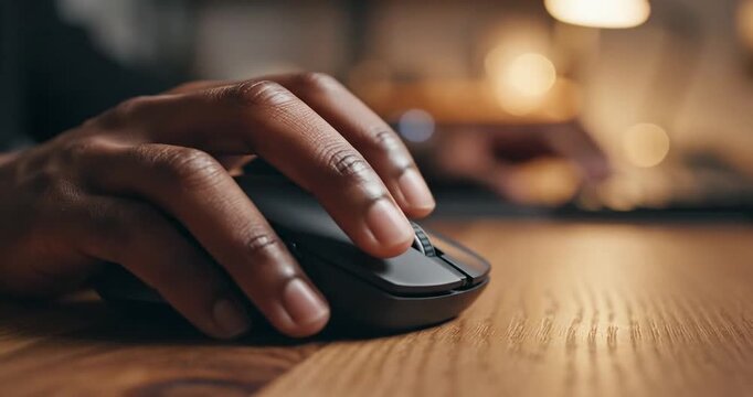 Close-up of a hand using a computer mouse on a wooden desk with a blurred background