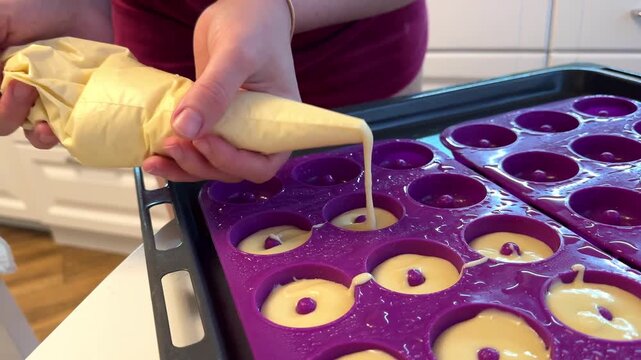 Learn to make donuts by filling molds with batter in a kitchen at home