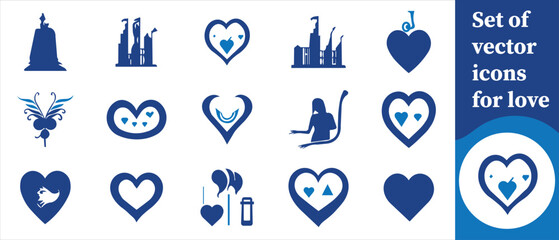 A collection of blue vector icons depicting romantic themes including hearts cupid and architectural landmarks of love high quality professional detailed modern elegant © Miskur Rumi 