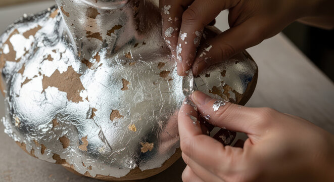Applying Silver Leaf to a Decorative Object with Hands.