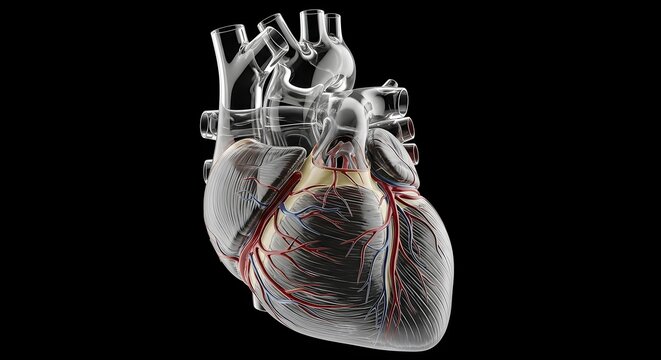 Detailed anatomical model of the human heart showcasing intricate vascular structures and internal chambers