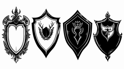 Obraz premium Four heraldic shields with varying designs, sketched in black and white