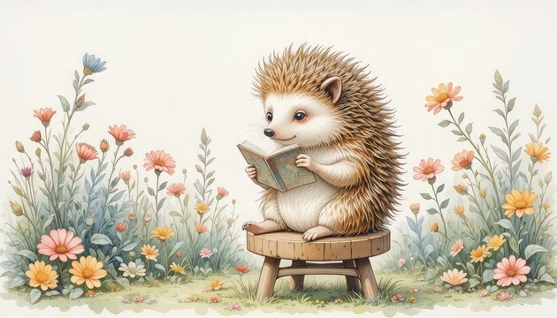 A hedgehog reading a book sitting on a wooden stool