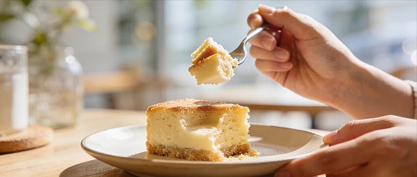 Cheesecake dessert cake slice with fork on plate in bright airy cafe, cozy breakfast snack on wooden table by window, sweet creamy cheesecake dessert enjoyed by hand