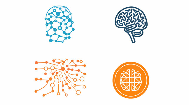 Four abstract icons represent brain function, connection, and networks, in simple shapes