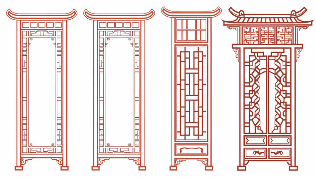 Four elaborate, outlined brown Asian cabinet designs on a plain white background