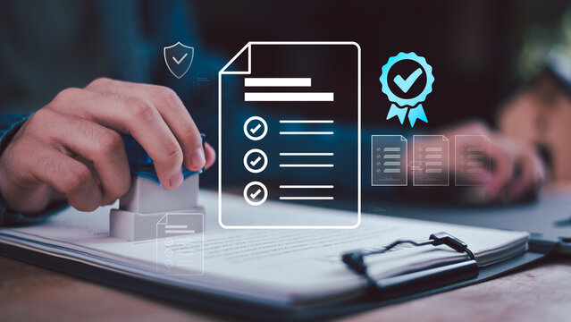 Auditor approving certified documents with checklist verification, compliance review, quality assurance, secure records, validation control, documentation management, and trusted signoff workflow.