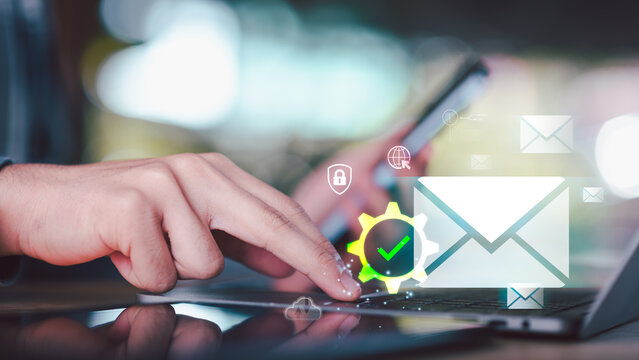 Marketer managing email automation, secure messaging, communication workflow, message verification, digital delivery, customer contact, encrypted mail process, online notifications, validation