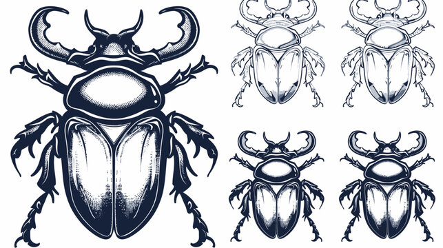 Digital artwork of stylized horned beetle drawings, some shaded, some outlined