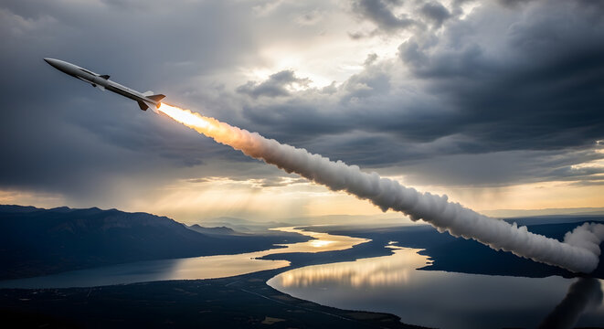 A missile streaks across a stormy sky, leaving a trail of smoke and fire, over a serene landscape.