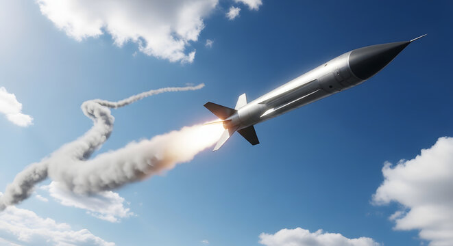 A sleek, silver rocket blasts off into a clear blue sky, leaving a trail of smoke and fire.