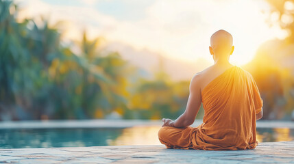 Fototapeta premium Serene Monk Meditating by Tranquil Water at Sunset with Natural Surroundings and Soft Light