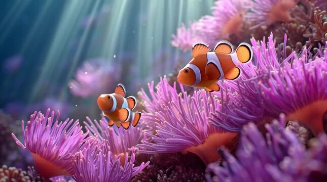 Clownfish swimming in coral reef underwater scene