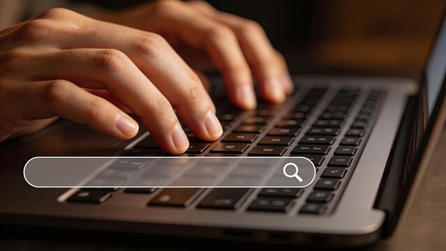 Closeup of hands typing on laptop keyboard with search bar overlay concept of online research data entry internet browsing digital work remote job freelance writing coding