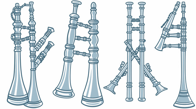 Group of blue/gray doodle-style wind instruments with bell ends on a white background