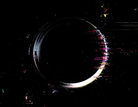 A distorted, glitchy circle on a black background with colorful streaks